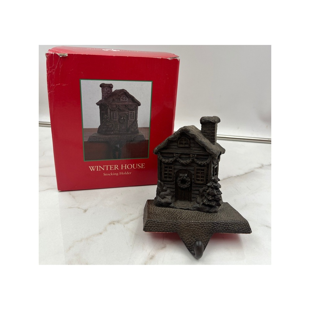 Hold Everything Winter House Stocking Holder Cast Metal Bronze Christmas Decor